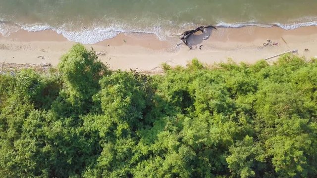 Tropical beach video loop showing seamless never ending footage with aerial bird eye view of green foaming ocean waves crushing against the coast line of Florida and overhead view of a seldom tourist