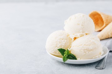 Vanilla ice cream with mint leaves