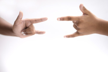 Hands and fingers represent symbols from both sides. On a white