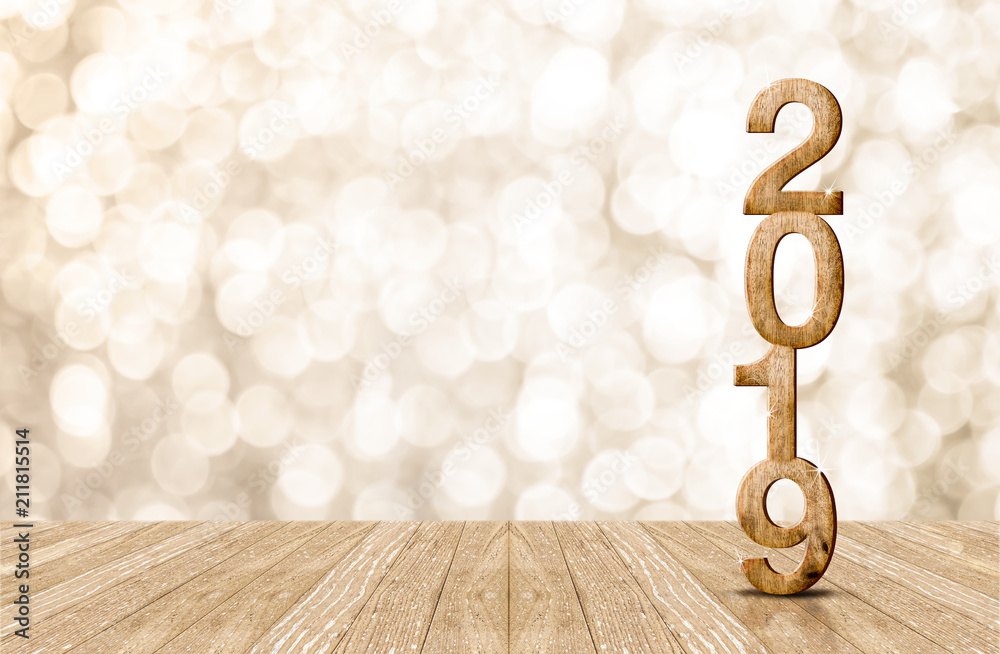 Aufkleber 2019 happy year wood number in perspective room with sparkling bokeh wall and wooden plank floor.copy space for display of product or text.