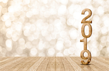 2019 happy year wood number in perspective room with sparkling bokeh wall and wooden plank...