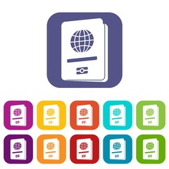 Passport icons set vector illustration in flat style in colors red, blue, green, and other