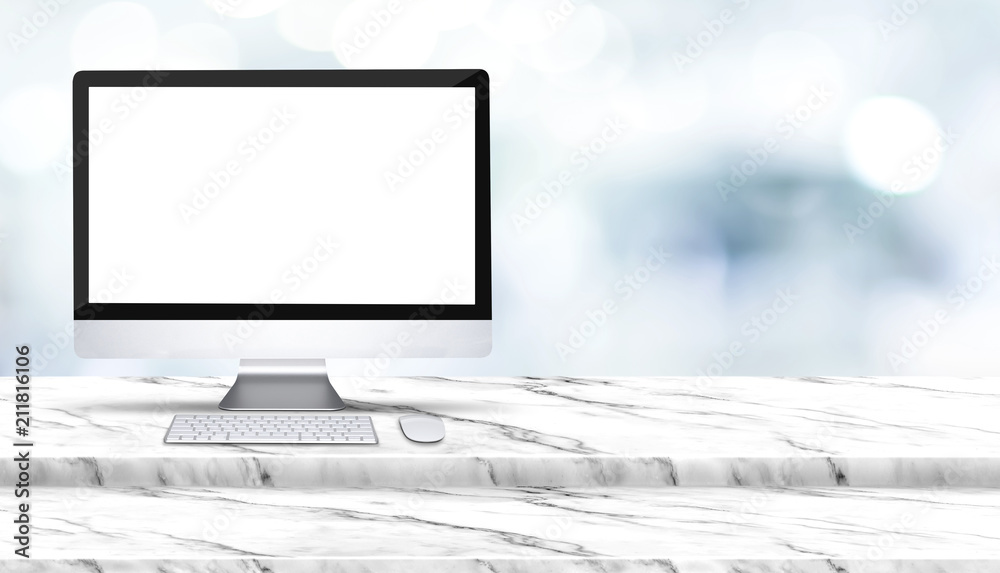 Poster blank screen of desktop computer on step white marble table with blur hospital at background,mock up
