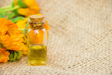 calendula extract and flowers in a small bottle. 