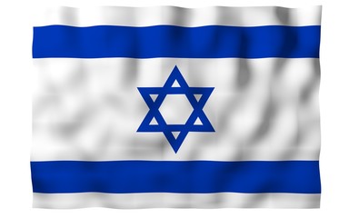 The flag of Israel. State symbol of the State of Israel. A blue Star of David between two horizontal blue stripes on a white field. 3d illustration