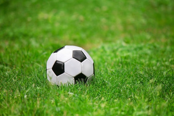 Fototapeta premium football ball lying on the green grass
