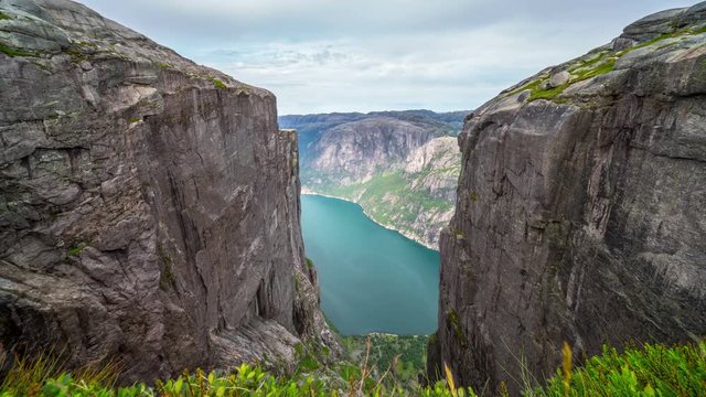 Summer time-lapse from the mountain trail to Kjeragbolten in Norway. ZoomOut