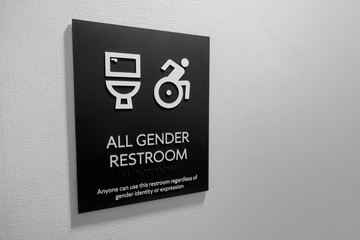 restroom sign with wheelshair access with toilet, wheelchair person icons and text reading all gender restroom