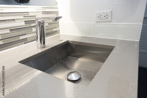 Modern Bathroom Sink Tile And Faucet With White Electric Outlet On Modern Bathroom Sink Tile And Faucet With White Electric Outlet On Wall