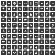 100 scenery icons set in black color isolated vector illustration