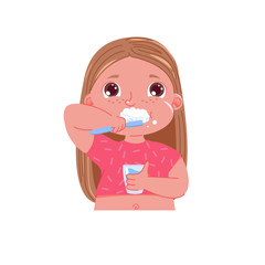 Cute baby girl brushing her teeth in the morning. Daily routine. Dental hygiene