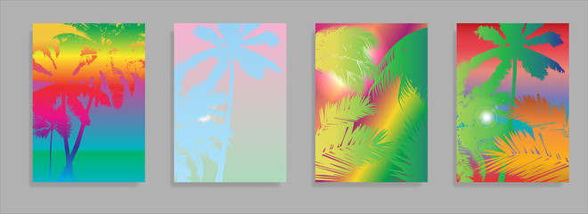 Colorful Summer banners, tropical backgrounds set with palms, leaves, sea, clouds, sky, beach colors. Beautiful Summer Time cards, posters, flyers, party invitations. Summertime template collection.