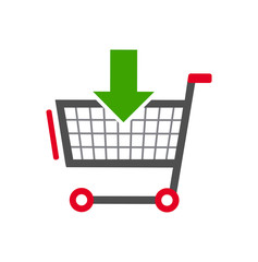 Shopping cart color icon with arrow. Simple icon isolated on white background. Store trolley with wheels. Fat vector Illustration. Good for web and mobile design. Favorite purchase