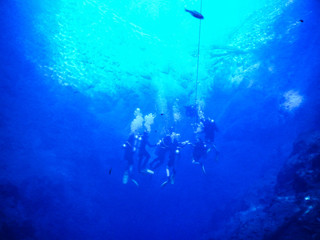 Practicing diving and snorkeling, mysterious lagoon, beautiful lagoon of transparent turquoise blue...