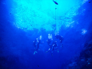 Practicing diving and snorkeling, mysterious lagoon, beautiful lagoon of transparent turquoise blue...