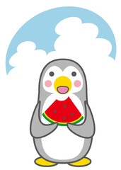 スイカを食べるペンギン
