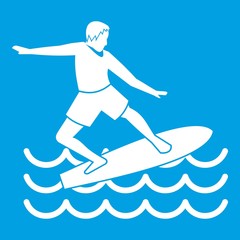 Surfer man icon white isolated on blue background vector illustration