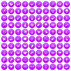 100 fly icons set in purple circle isolated on white vector illustration