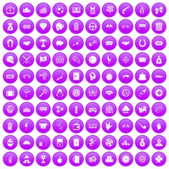 100 gambling icons set in purple circle isolated on white vector illustration