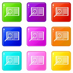 Magnifying glass over open book icons of 9 color set isolated vector illustration