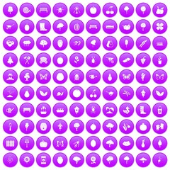 100 gardening icons set in purple circle isolated on white vector illustration