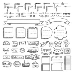Bullet journal hand drawn vector elements for notebook, diary and planner. Doodle banners isolated on white background. Days of week, notes, list, frames, dividers, corners, ribbons.