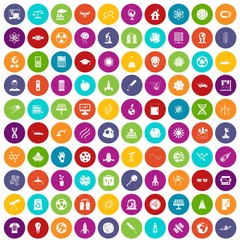 100 space technology icons set in different colors circle isolated vector illustration