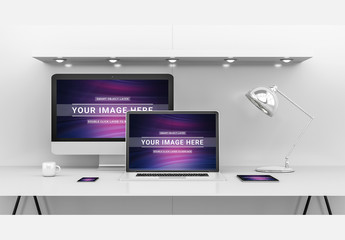 Computer and Devices on Modern White Desk Mockup