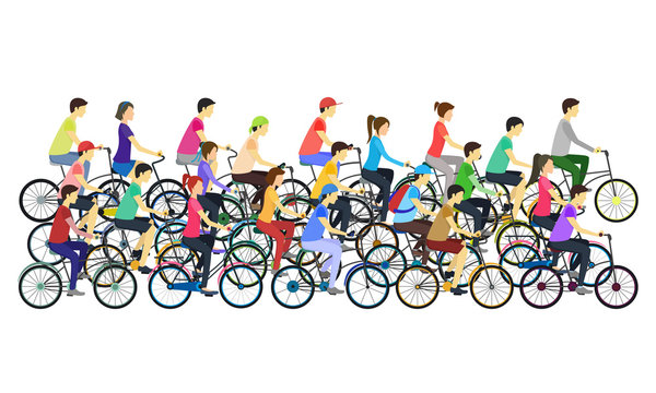 Cartoon Color Cyclists Different Types in Crowd. Vector