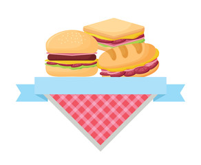 picnic emblem with sandwiches and hamburger over white background, vector illustration