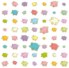 Piglets large and small funny colored. Seamless background with cartoon pig.