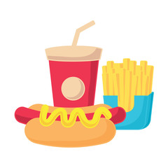 hot dog with french fries and soft drink cup over white background, vector illustration