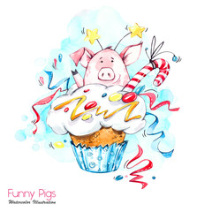 Greeting holidays illustration. Watercolor cartoon pig in cupcake with cream and confetti. Funny dessert. Birthday symbol. Food. Perfect for T-shirts, invitations, cards, phone cases.