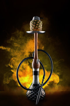 Shisha With Fruit Bowl With Colorful Smoke In Hookah Bar Closeup