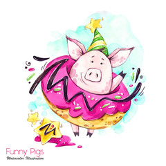 Greeting holidays illustration. Watercolor cartoon pig in big donut with cream and confetti. Funny dessert. Birthday symbol. Food. Perfect for T-shirts, posters, invitations, phone cases