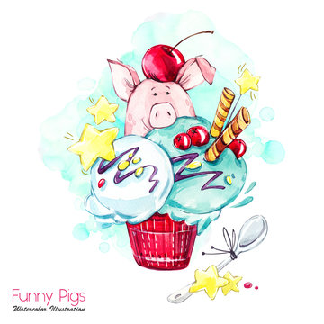 Greeting holidays illustration. Watercolor cartoon pig in ice cream with candies and berries. Funny dessert. Birthday symbol. Food. Perfect for T-shirts, invitations, cards, phone cases.