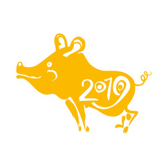 Template for the year of the pig 2019. Yellow silhouette figurine of a wild boar. New Year on the Chinese calendar.
