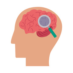 Brain and magnifying glass on head silhouette vector illustration graphic design