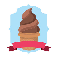 Vintage frame with soft serve ice cream and decorative ribbon over white background, vector illustration