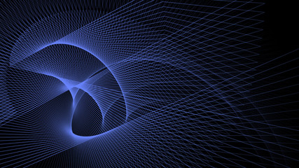 Abstract geometric black background with blue curves and transparent grid. Concept of interaction and technologies orchestration. Digital illustration for your design. Copy space.