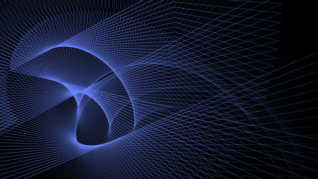 Abstract geometric black background with blue curves and transparent grid. Concept of interaction and technologies orchestration. Digital illustration for your design. Copy space.