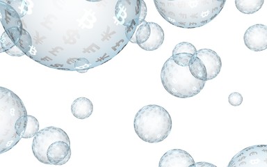 Bitcoin economic financial bubble. Cryptocurrency 3D illustration. Business concept. Bue bubbles on a white background