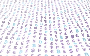 Bitcoin and currency on a white background. Digital Cryptocurrency symbol. Wave effect, currency market fluctuations. Business concept. 3D illustration