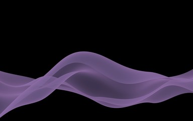 Abstract purple wave. Raster air background. Bright purple ribbon on dark background. Purple scarf. Abstract smoke. 3d illustration