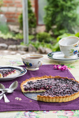 Homemade blueberry cake. Blueberry tart with cream cheese. Outdoor breakfast. Summer teatime. Vintage cups and plates on old-fashioned table cloth. Nature background. Cup of tea with berry pie.