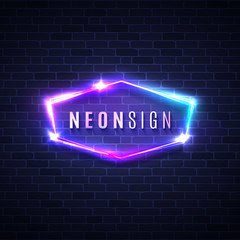 Night club neon sign. Blank 3d retro light signage. Techno frame with neon glowing on dark blue brick texture wall. Electric street night city banner design. Color vector illustration in 80s style.