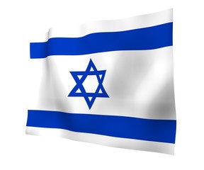 The flag of Israel. State symbol of the State of Israel. A blue Star of David between two horizontal blue stripes on a white field. 3d illustration