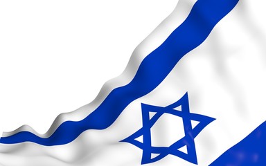 The flag of Israel. State symbol of the State of Israel. A blue Star of David between two horizontal blue stripes on a white field. 3d illustration