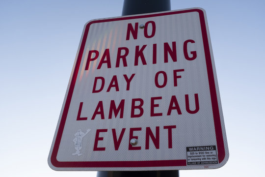 No Parking Day Of Lambeau Event Sign On A Pole Near The Field