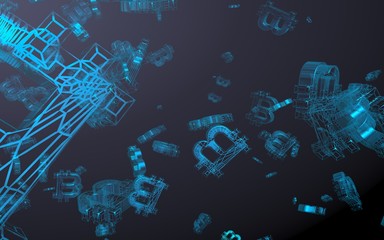 Digital currency symbol Bitcoin on a dark background. Fall of bitcoin. Cryptocurrency graph on virtual screen. Business, Finance and technology concept. 3D illustration